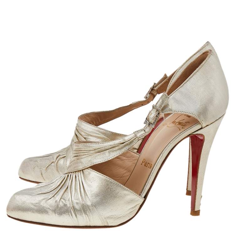 Pre Owned Christian Louboutin Metallic Gold Lamé Fabric Ruffle D'Orsay Pumps Size 38