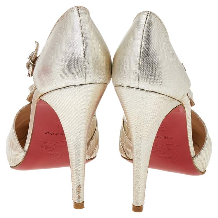 Pre Owned Christian Louboutin Metallic Gold Lamé Fabric Ruffle D'Orsay Pumps Size 38
