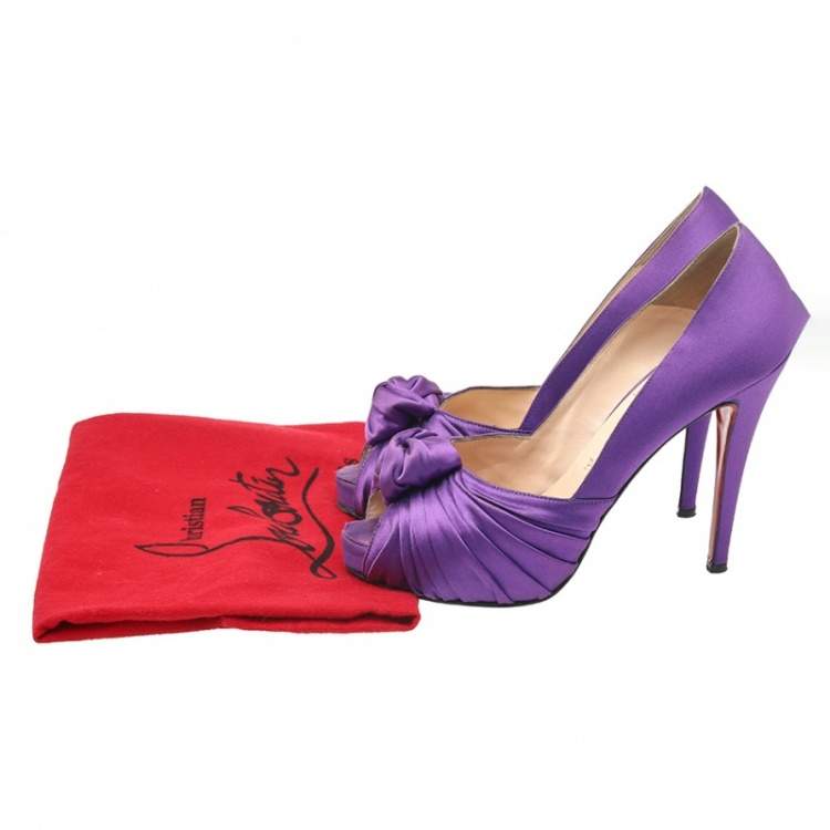 Pre Owned Christian Louboutin Purple Satin Knotted Greissimo Platform Peep Toe Pumps Size 38