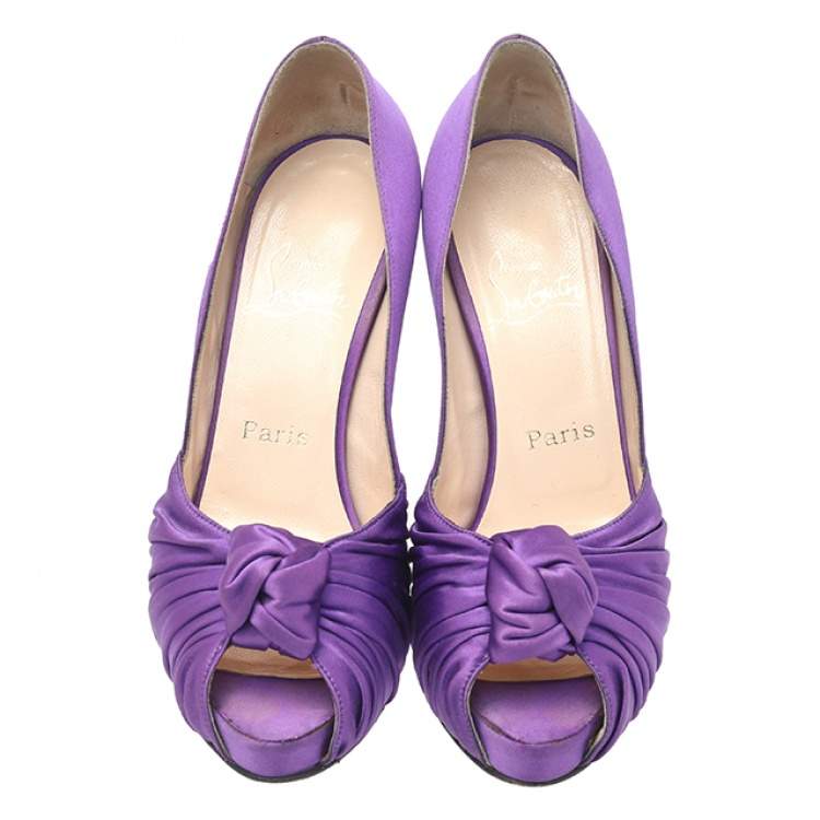 Pre Owned Christian Louboutin Purple Satin Knotted Greissimo Platform Peep Toe Pumps Size 38