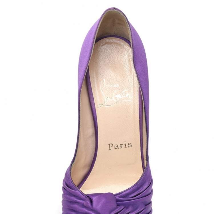 Pre Owned Christian Louboutin Purple Satin Knotted Greissimo Platform Peep Toe Pumps Size 38