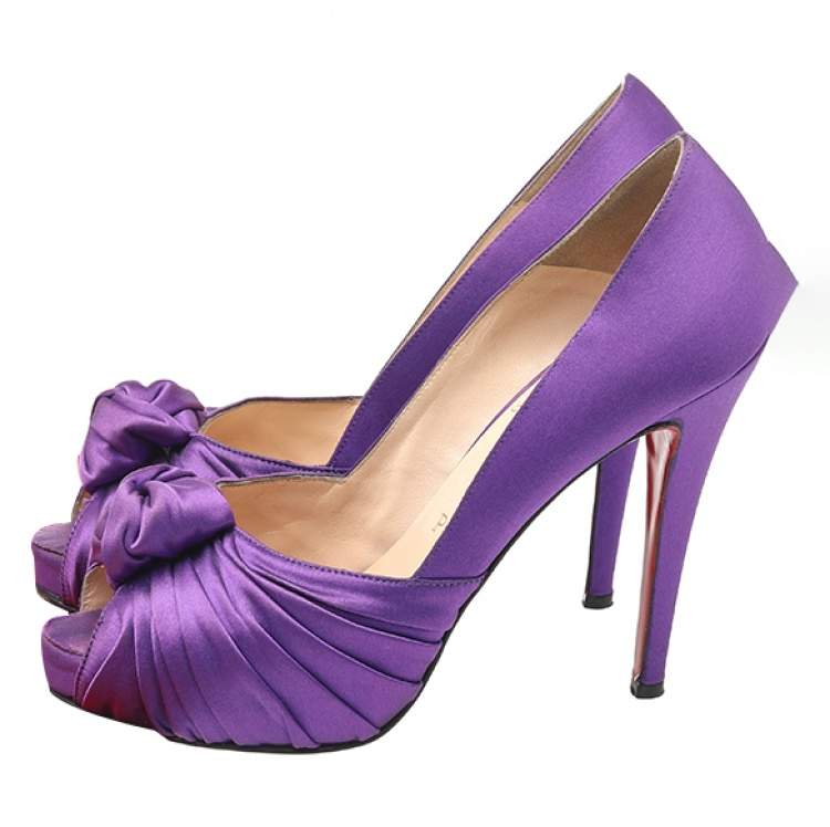 Pre Owned Christian Louboutin Purple Satin Knotted Greissimo Platform Peep Toe Pumps Size 38