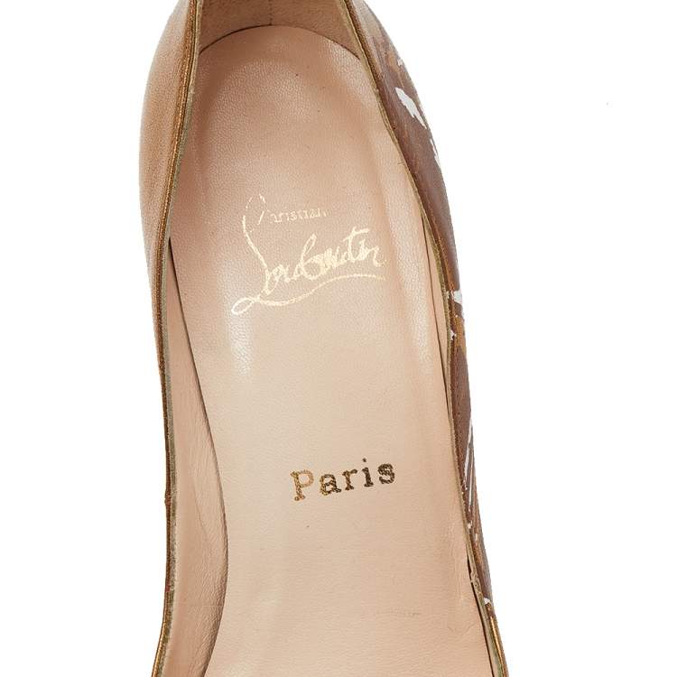 Pre Owned Christian Louboutin Metallic Gold Printed Leather New Very Prive 120 Peep Toe Pumps Size 38
