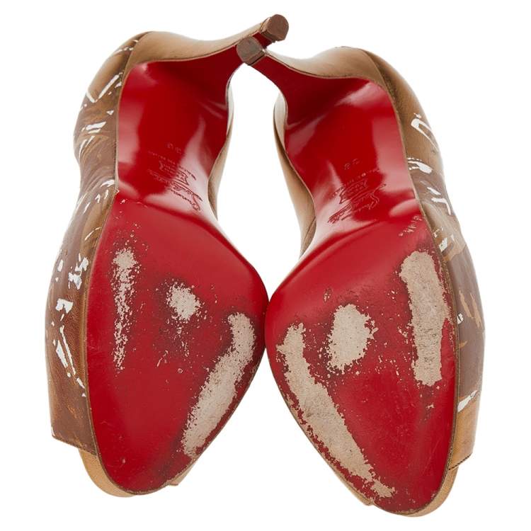 Pre Owned Christian Louboutin Metallic Gold Printed Leather New Very Prive 120 Peep Toe Pumps Size 38