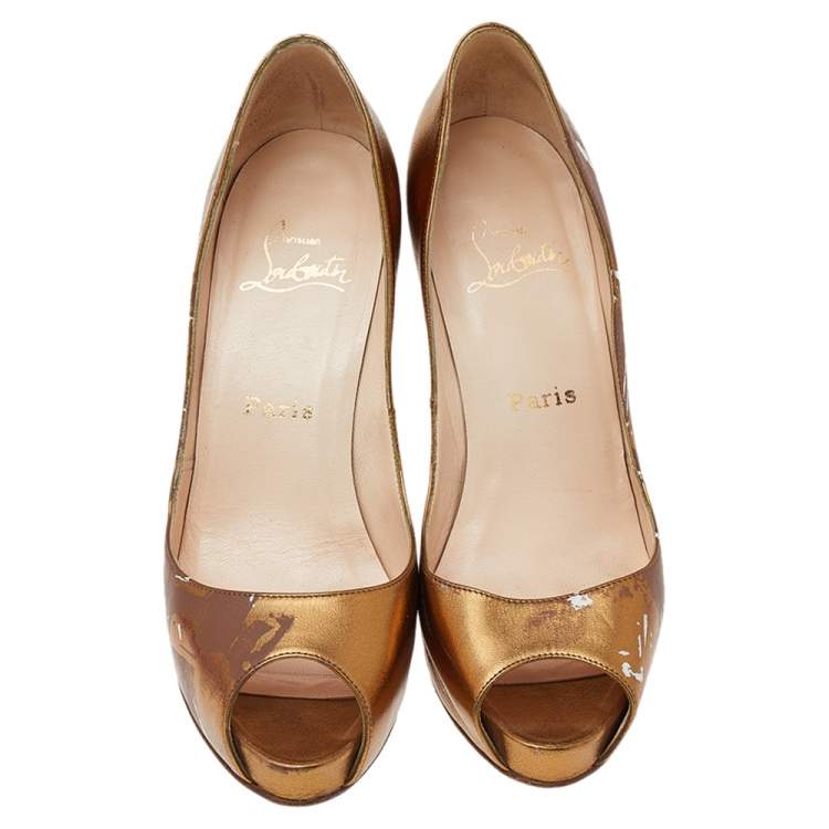 Pre Owned Christian Louboutin Metallic Gold Printed Leather New Very Prive 120 Peep Toe Pumps Size 38