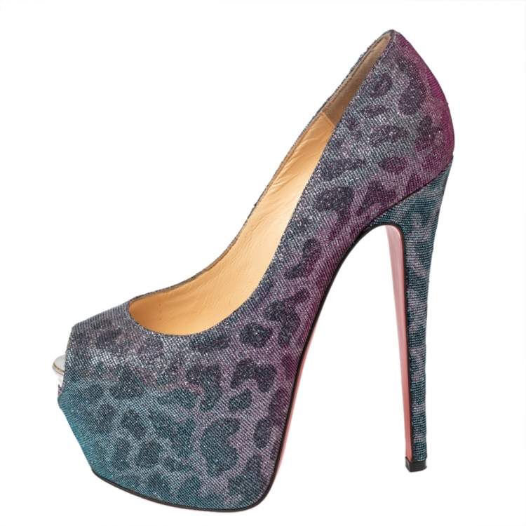 Pre Owned Christian Louboutin Multicolor Leopard Print Lurex Highness Peep Toe Platform Pumps Size 36.5