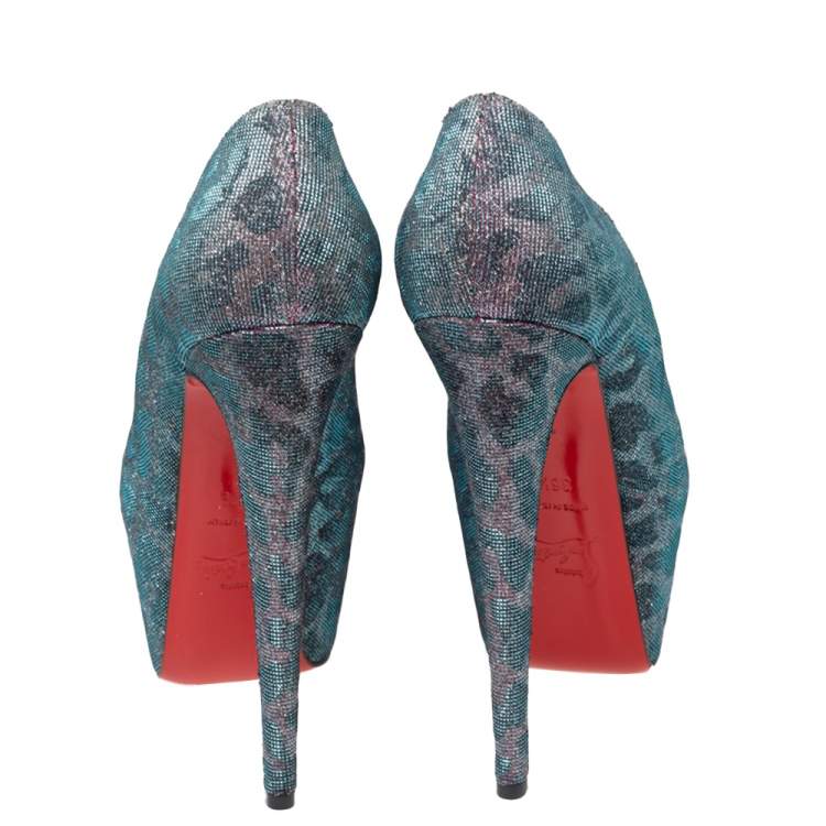 Pre Owned Christian Louboutin Multicolor Leopard Print Lurex Highness Peep Toe Platform Pumps Size 36.5