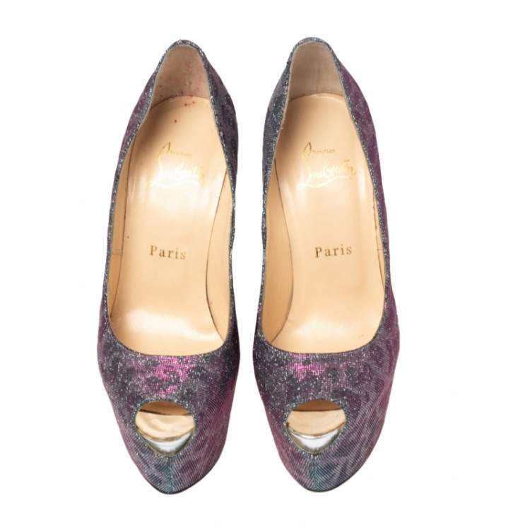 Pre Owned Christian Louboutin Multicolor Leopard Print Lurex Highness Peep Toe Platform Pumps Size 36.5