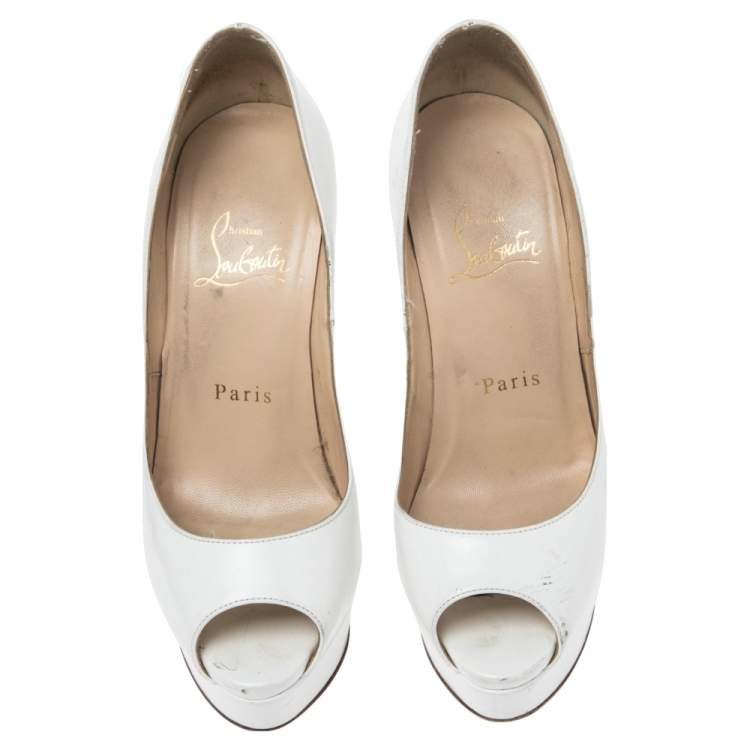 Pre Owned Christian Louboutin White Patent Leather Lady Peep  Pumps Size 35.5