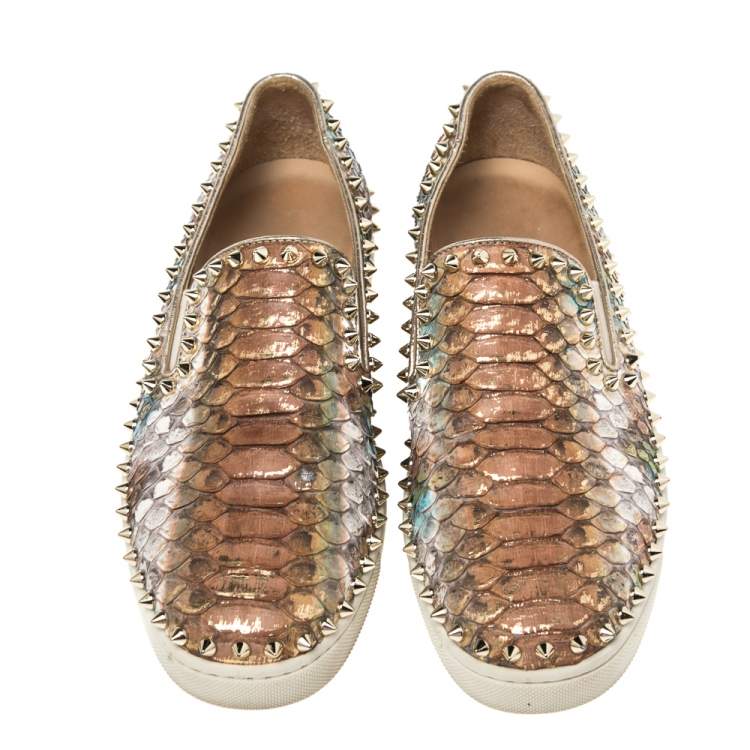 Pre Owned Christian Louboutin Gold Python Leather Pik Boat Slip On Sneakers Size 38