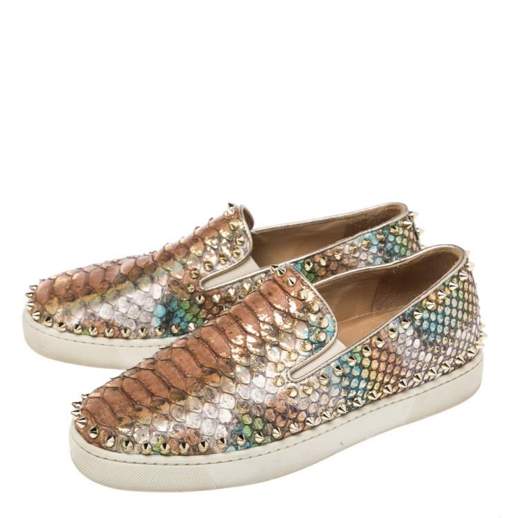Pre Owned Christian Louboutin Gold Python Leather Pik Boat Slip On Sneakers Size 38