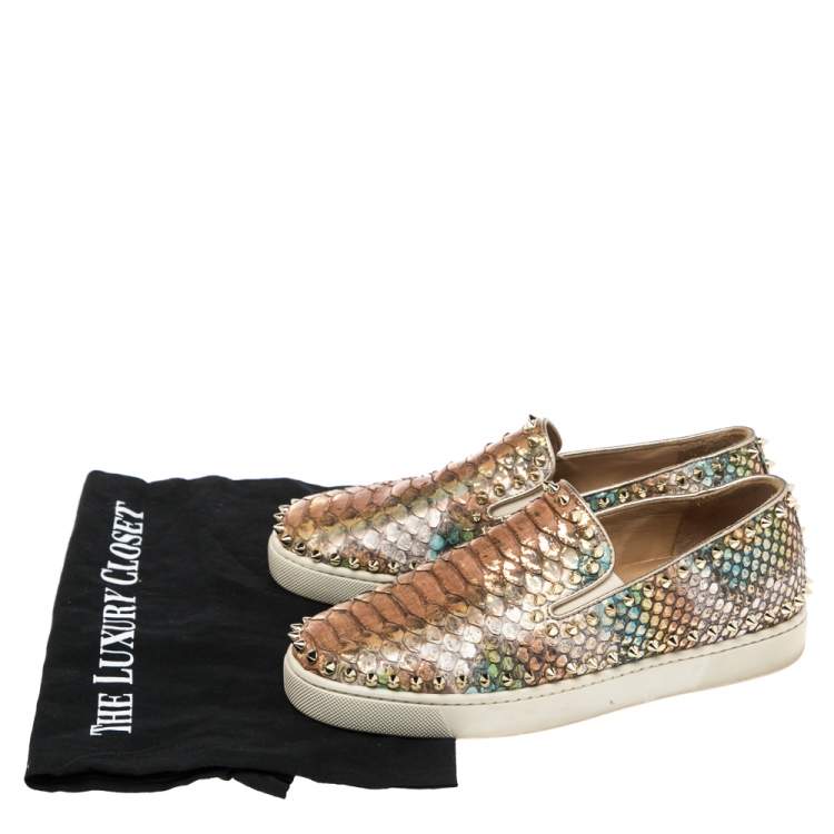 Pre Owned Christian Louboutin Gold Python Leather Pik Boat Slip On Sneakers Size 38