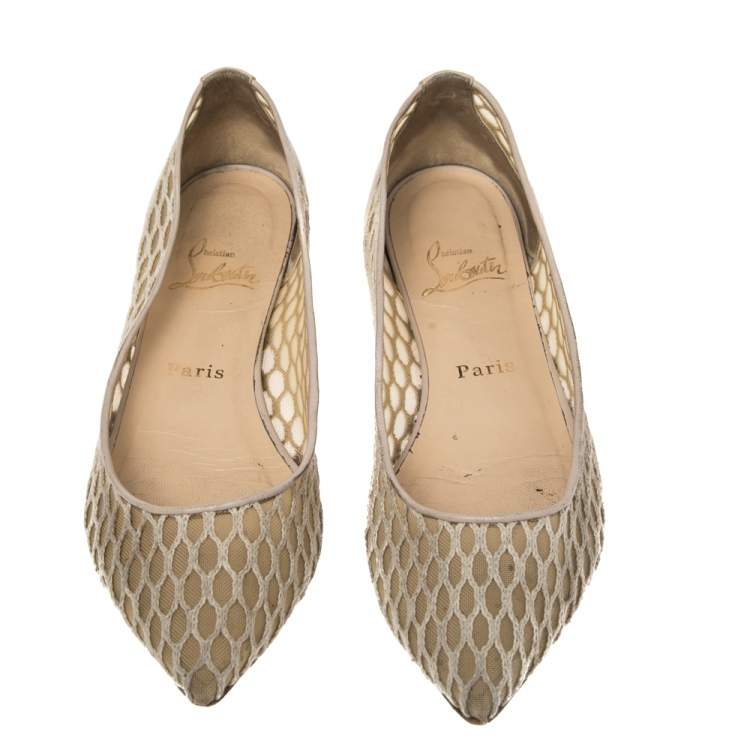 Pre Owned Christian Louboutin  Beige Leather And Mesh Ballet Flats Size 36.5