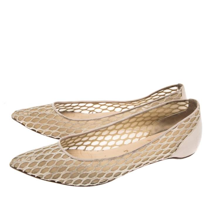 Pre Owned Christian Louboutin  Beige Leather And Mesh Ballet Flats Size 36.5