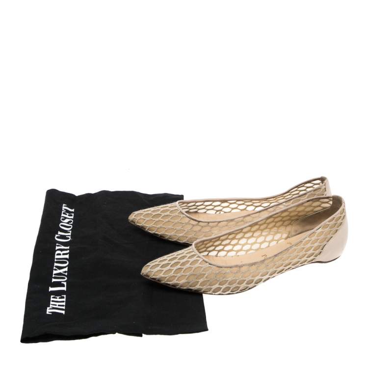 Pre Owned Christian Louboutin  Beige Leather And Mesh Ballet Flats Size 36.5
