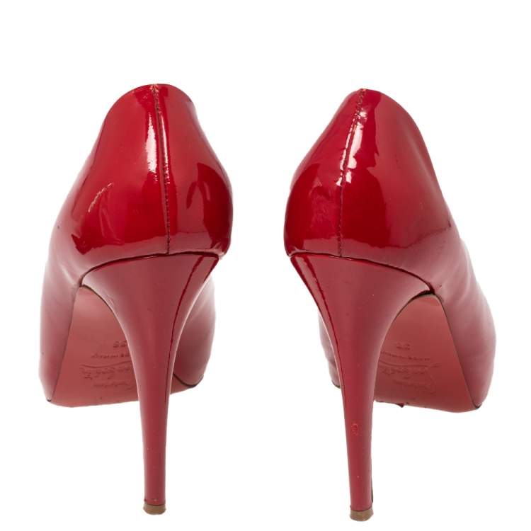 Pre Owned Christian Louboutin Red Patent Leather Peep Toe Platform Pumps Size 38