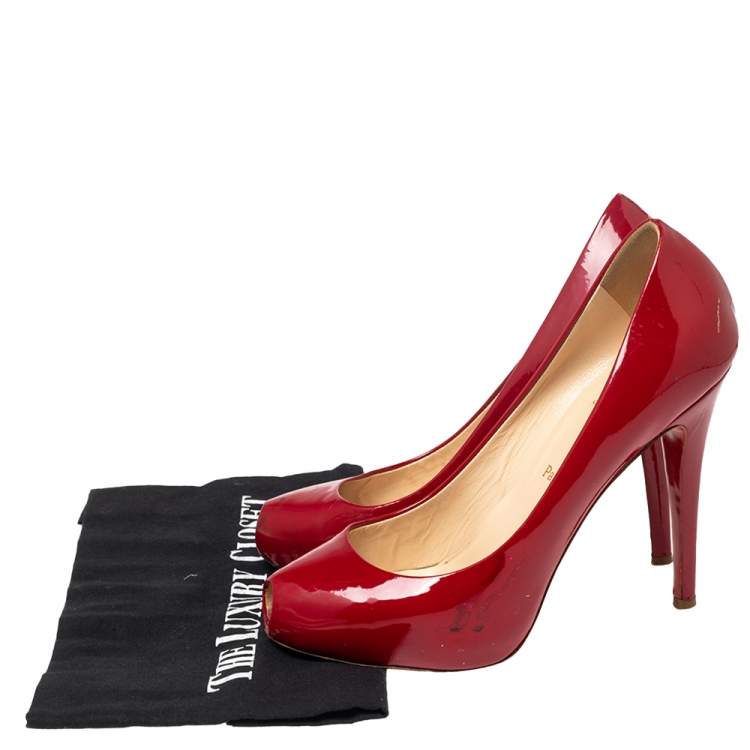 Pre Owned Christian Louboutin Red Patent Leather Peep Toe Platform Pumps Size 38