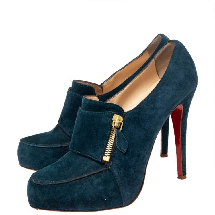 Pre Owned Christian Louboutin Teal Blue Suede Loafer Booties Size 39