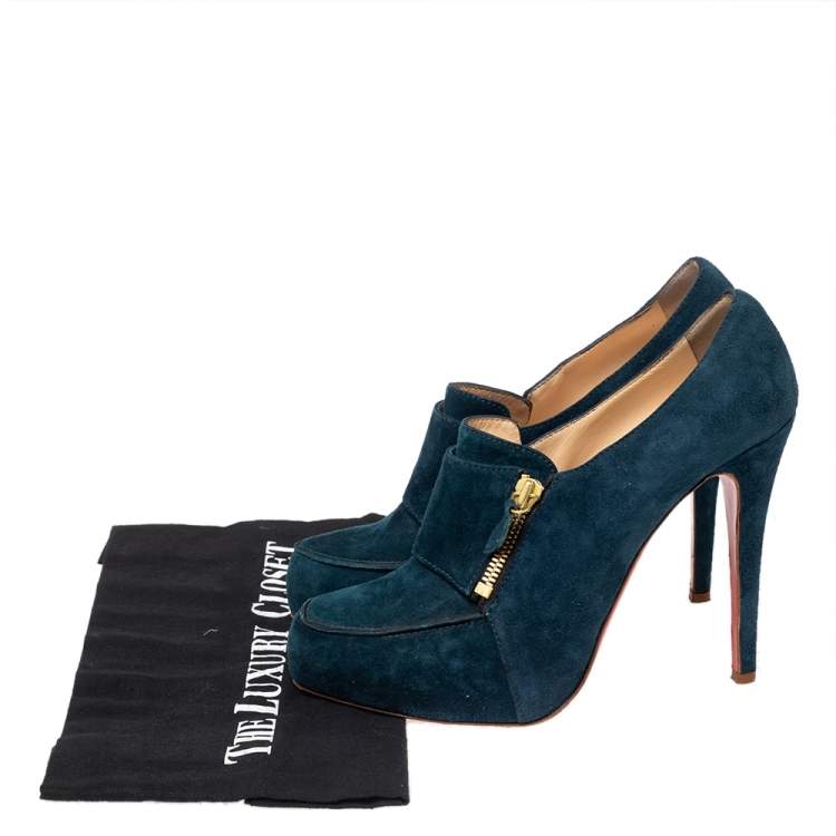 Pre Owned Christian Louboutin Teal Blue Suede Loafer Booties Size 39