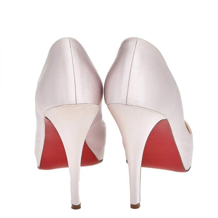 Pre Owned Christian Louboutin Pink Satin Crystal Embellished Peep Toe Platform Pumps Size 38