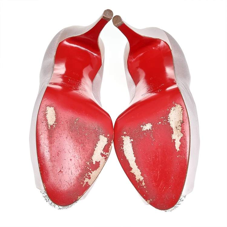Pre Owned Christian Louboutin Pink Satin Crystal Embellished Peep Toe Platform Pumps Size 38