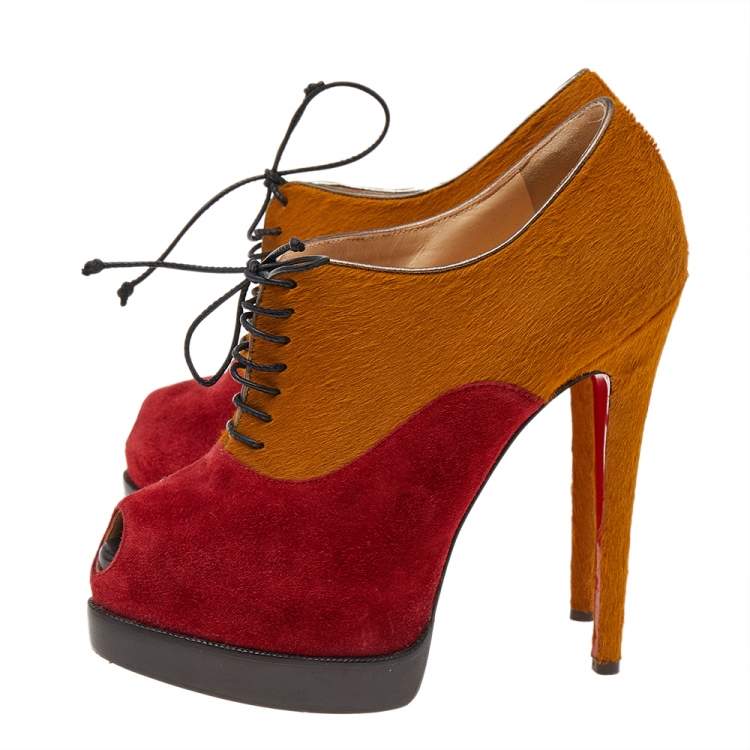 Pre Owned Christian Louboutin Yellow/Red Pony Hair And Suede Miss Poppins Peep Toe Platform Booties Size 36.5