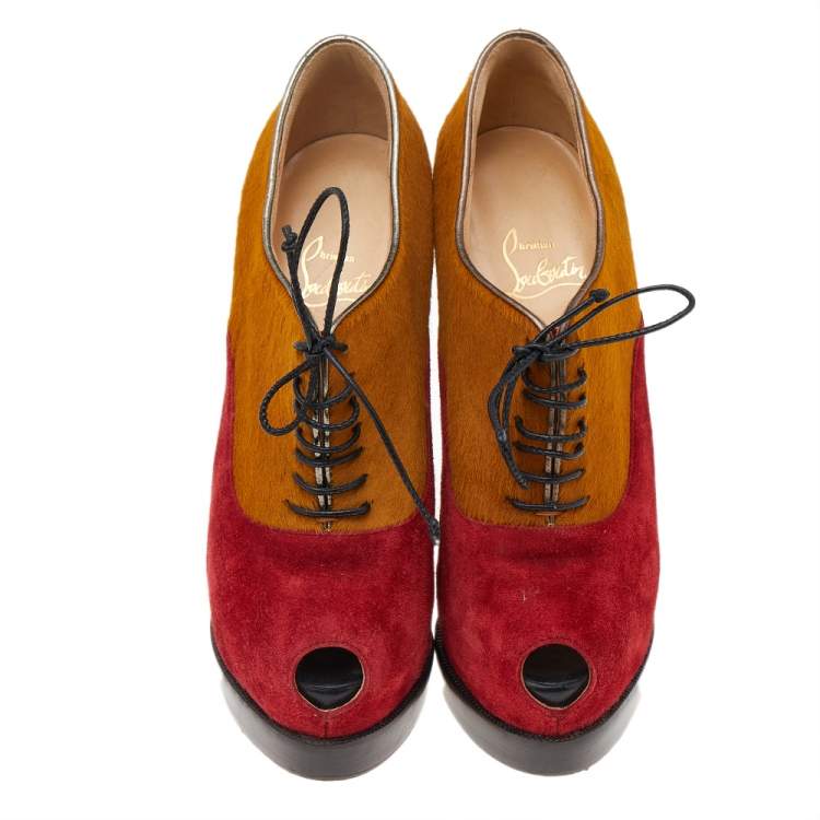 Pre Owned Christian Louboutin Yellow/Red Pony Hair And Suede Miss Poppins Peep Toe Platform Booties Size 36.5