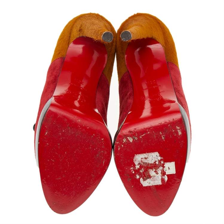 Pre Owned Christian Louboutin Yellow/Red Pony Hair And Suede Miss Poppins Peep Toe Platform Booties Size 36.5