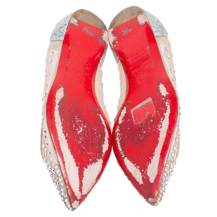 Pre Owned Christian Louboutin Silver/Beige Mesh and Glitter Follies Strass Ballet Flats Size 35.5