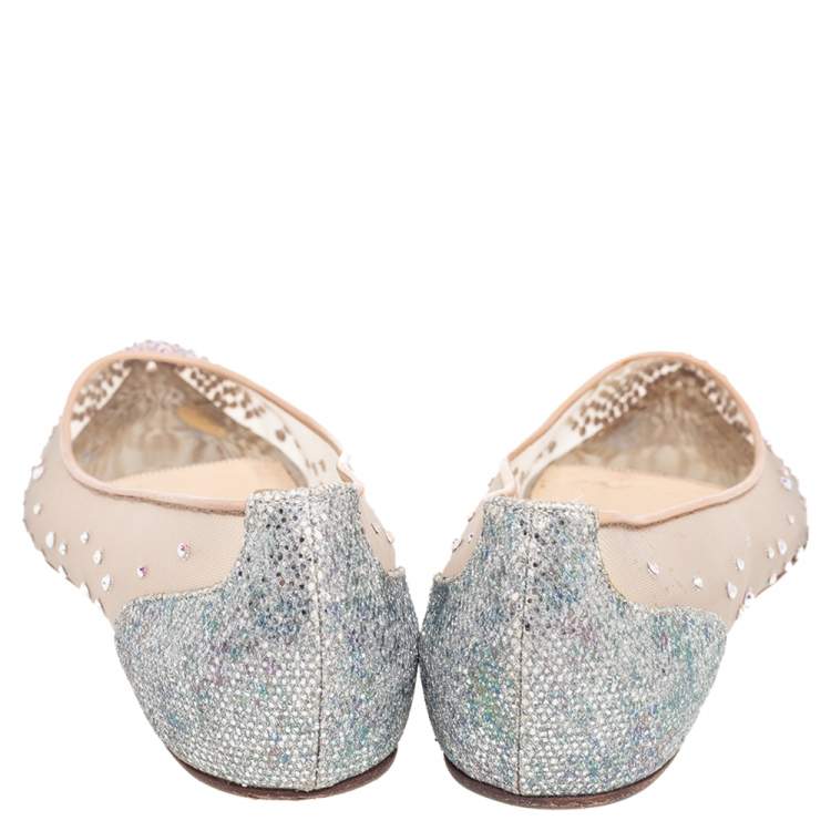 Pre Owned Christian Louboutin Silver/Beige Mesh and Glitter Follies Strass Ballet Flats Size 35.5