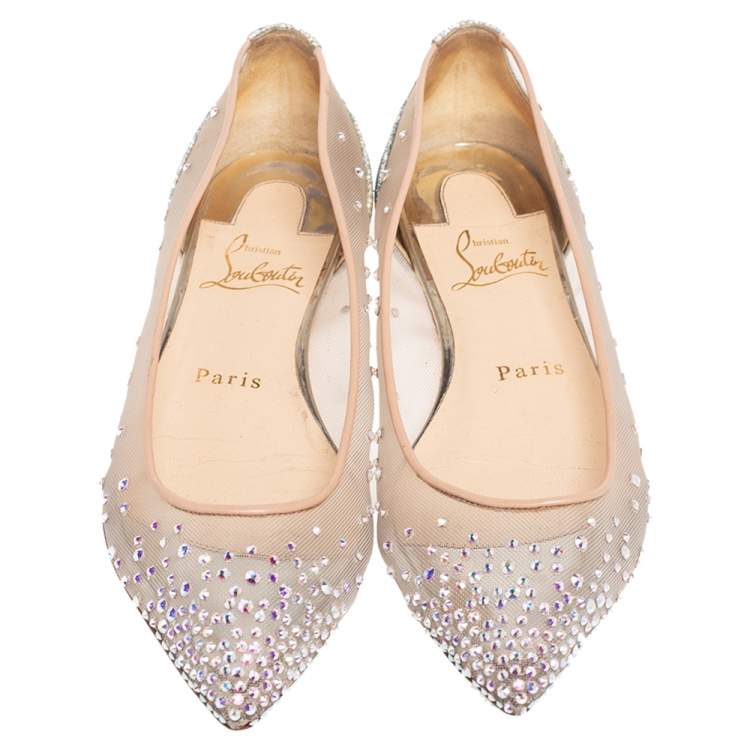 Pre Owned Christian Louboutin Silver/Beige Mesh and Glitter Follies Strass Ballet Flats Size 35.5
