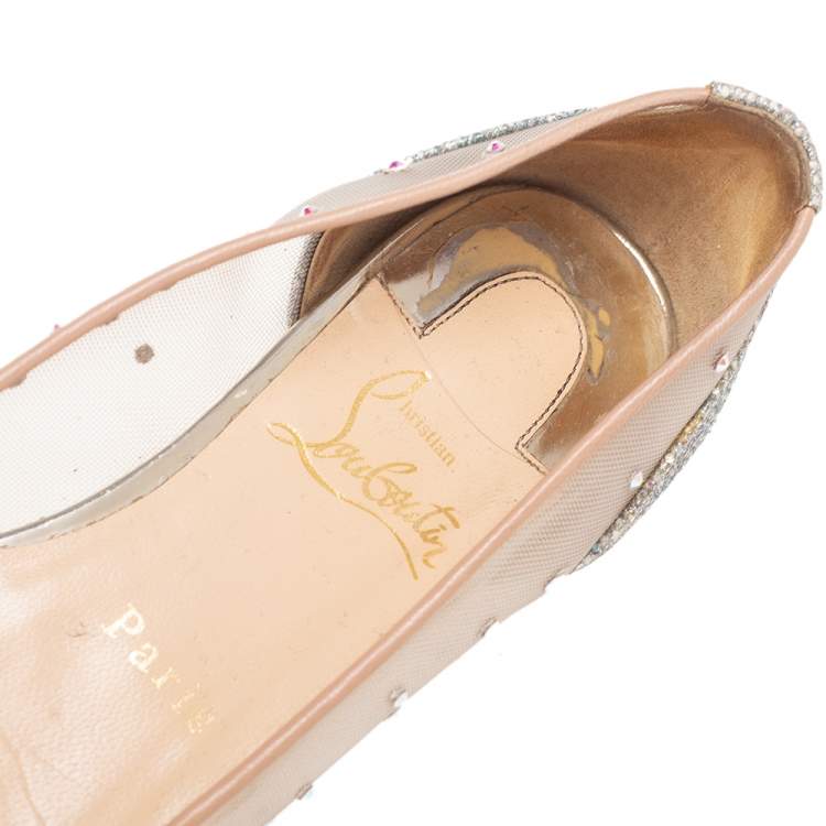 Pre Owned Christian Louboutin Silver/Beige Mesh and Glitter Follies Strass Ballet Flats Size 35.5