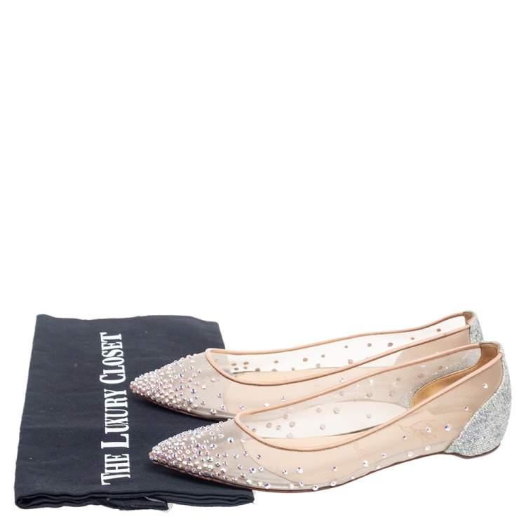 Pre Owned Christian Louboutin Silver/Beige Mesh and Glitter Follies Strass Ballet Flats Size 35.5