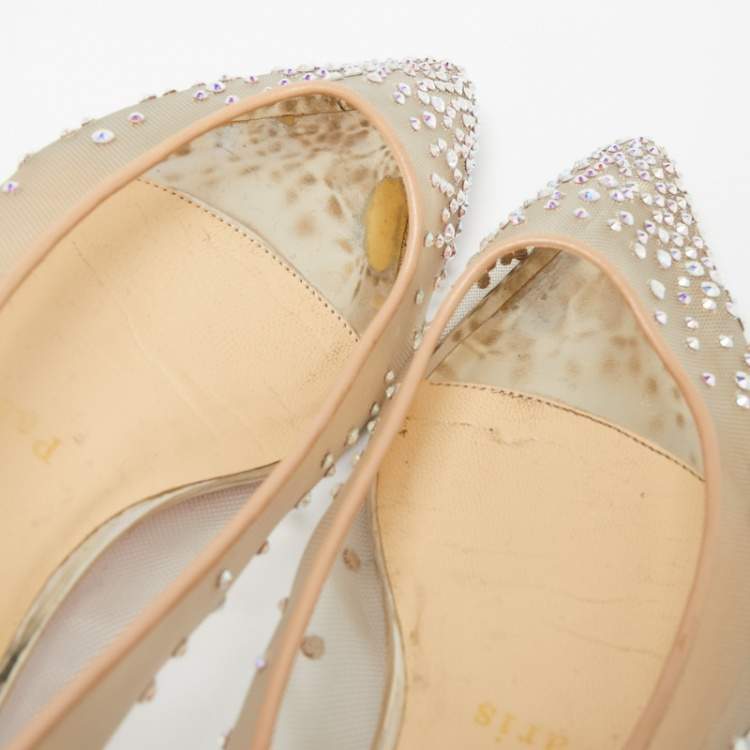 Pre Owned Christian Louboutin Silver/Beige Mesh and Glitter Follies Strass Ballet Flats Size 35.5
