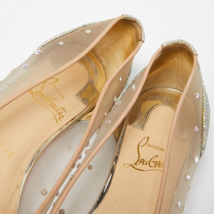 Pre Owned Christian Louboutin Silver/Beige Mesh and Glitter Follies Strass Ballet Flats Size 35.5