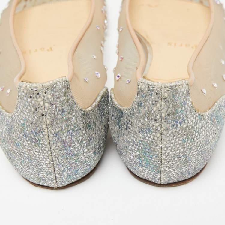 Pre Owned Christian Louboutin Silver/Beige Mesh and Glitter Follies Strass Ballet Flats Size 35.5