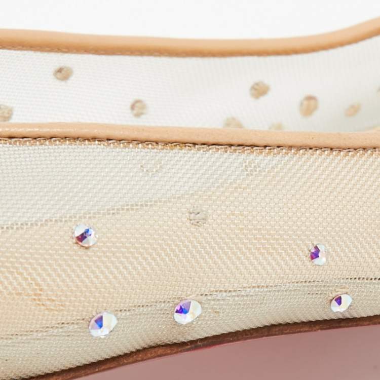 Pre Owned Christian Louboutin Silver/Beige Mesh and Glitter Follies Strass Ballet Flats Size 35.5