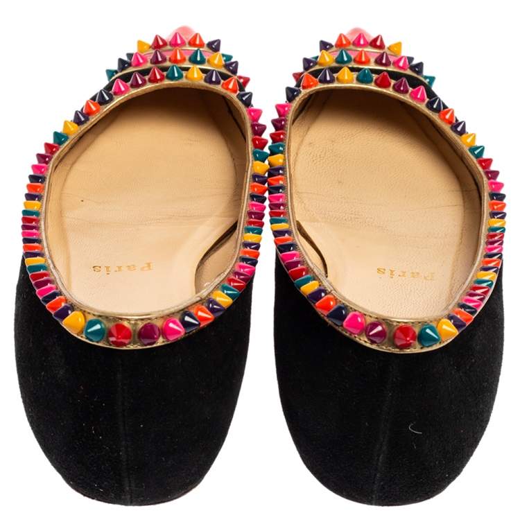 Pre Owned Christian Louboutin Black Suede Embellished Ballet Flats Size 35.5