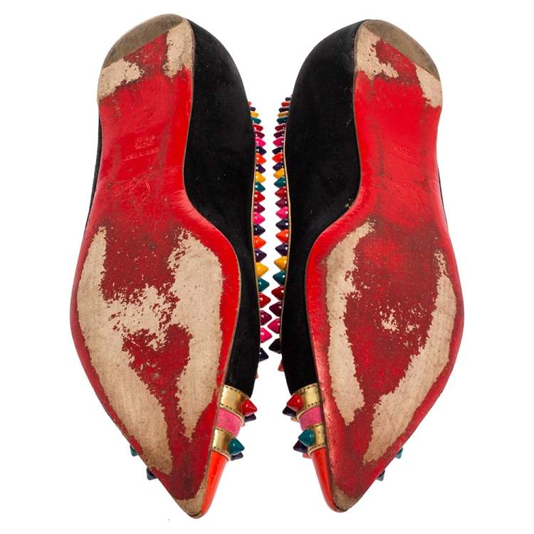 Pre Owned Christian Louboutin Black Suede Embellished Ballet Flats Size 35.5