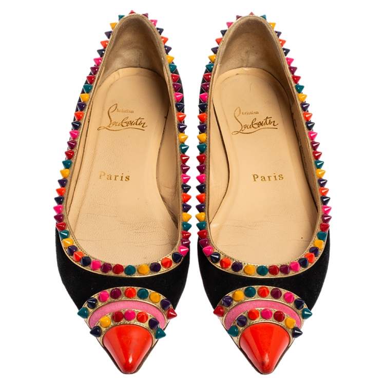 Pre Owned Christian Louboutin Black Suede Embellished Ballet Flats Size 35.5