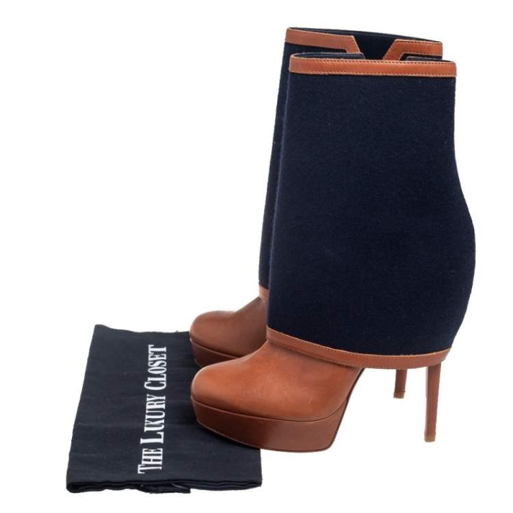 Pre Owned Christian Louboutin Brown Leather Armony Ankle Boots with Removable Blue Denim Cuffs Size 39