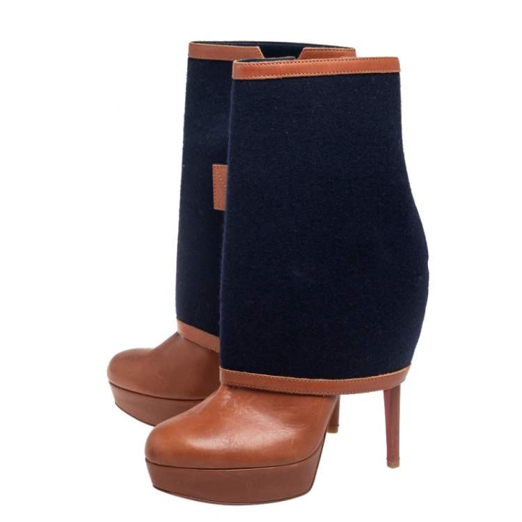 Pre Owned Christian Louboutin Brown Leather Armony Ankle Boots with Removable Blue Denim Cuffs Size 39