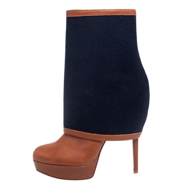 Pre Owned Christian Louboutin Brown Leather Armony Ankle Boots with Removable Blue Denim Cuffs Size 39