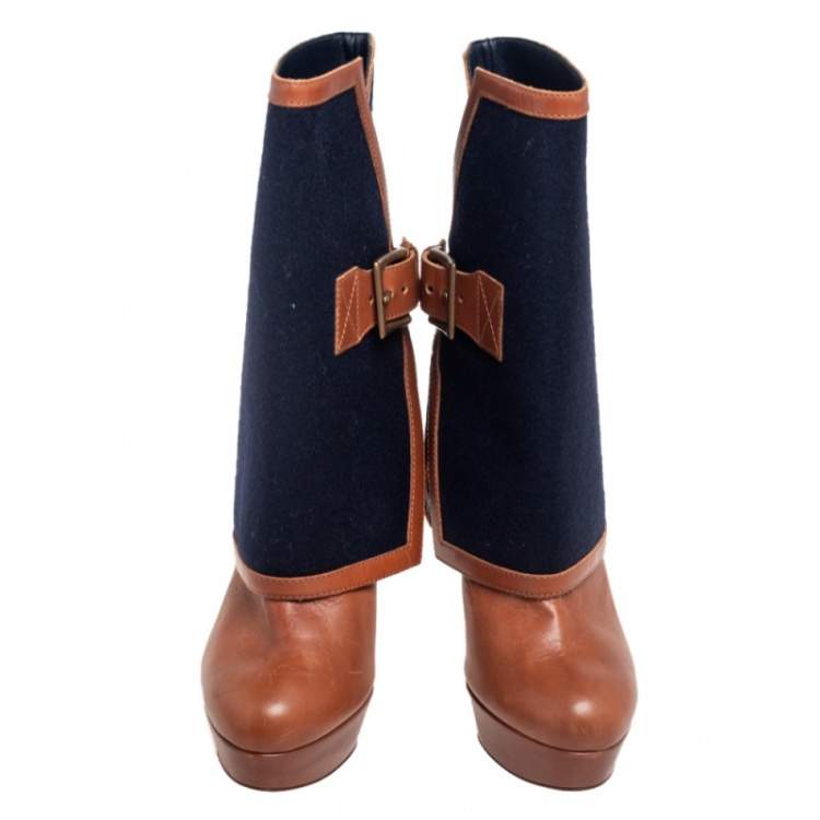 Pre Owned Christian Louboutin Brown Leather Armony Ankle Boots with Removable Blue Denim Cuffs Size 39