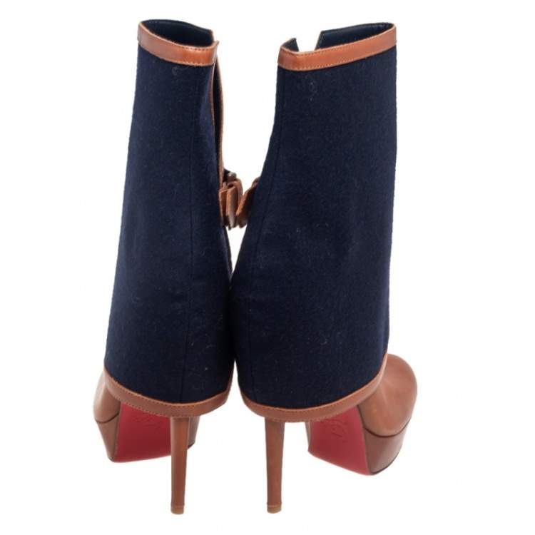 Pre Owned Christian Louboutin Brown Leather Armony Ankle Boots with Removable Blue Denim Cuffs Size 39