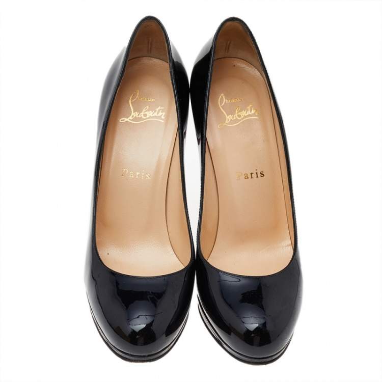 Pre Owned Christian Louboutin Black Patent Leather Simple Round Toe Pumps Size 37.5