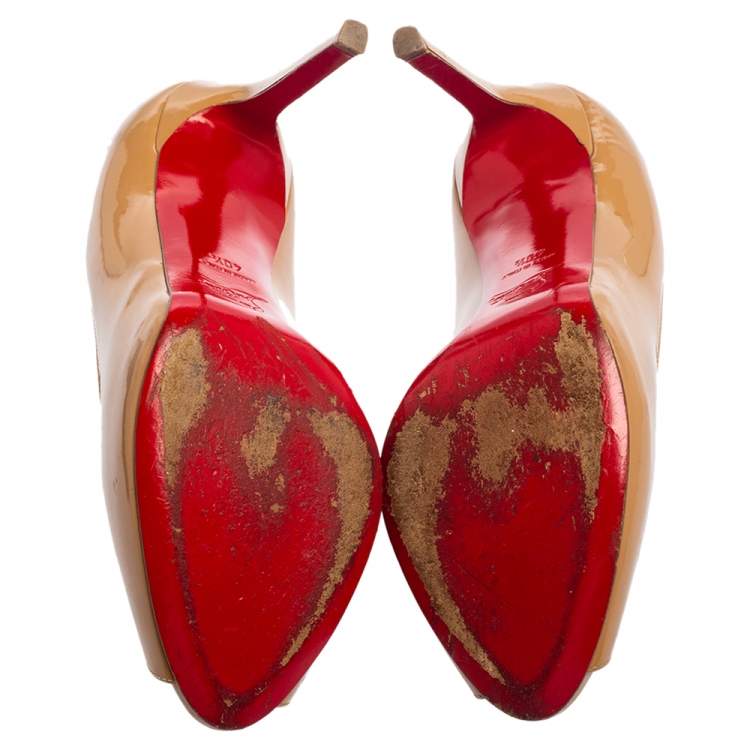 Pre Owned Christian Louboutin Beige Patent Leather Flo Pee Toe Pumps Size 40.5