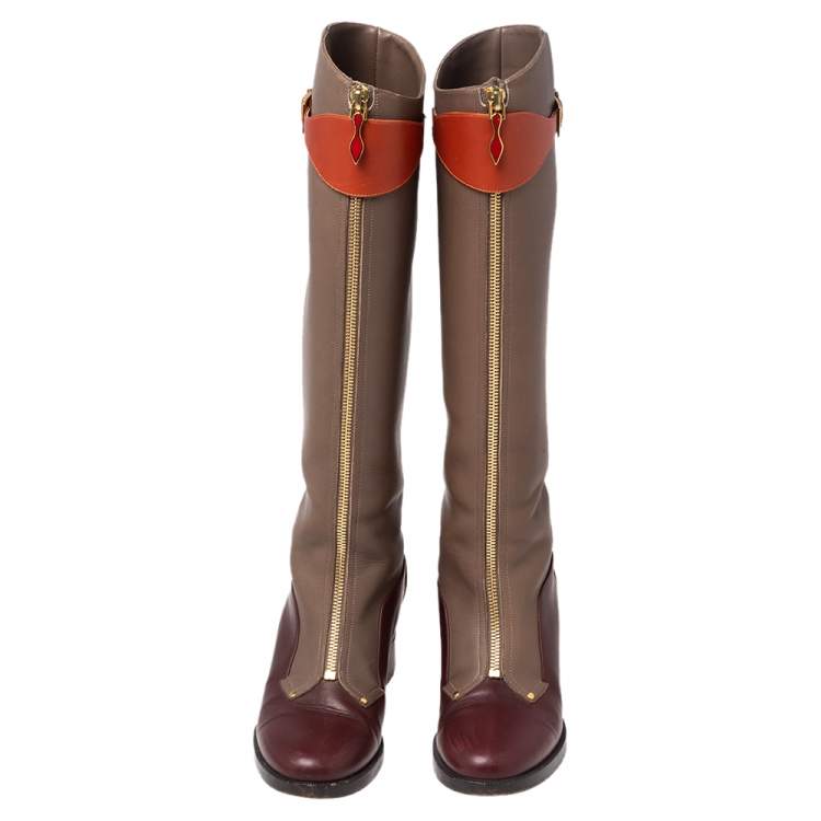 Pre Owned Christian Louboutin Multicolor Leather Front Zip Knee Length Riding Boots Size 36
