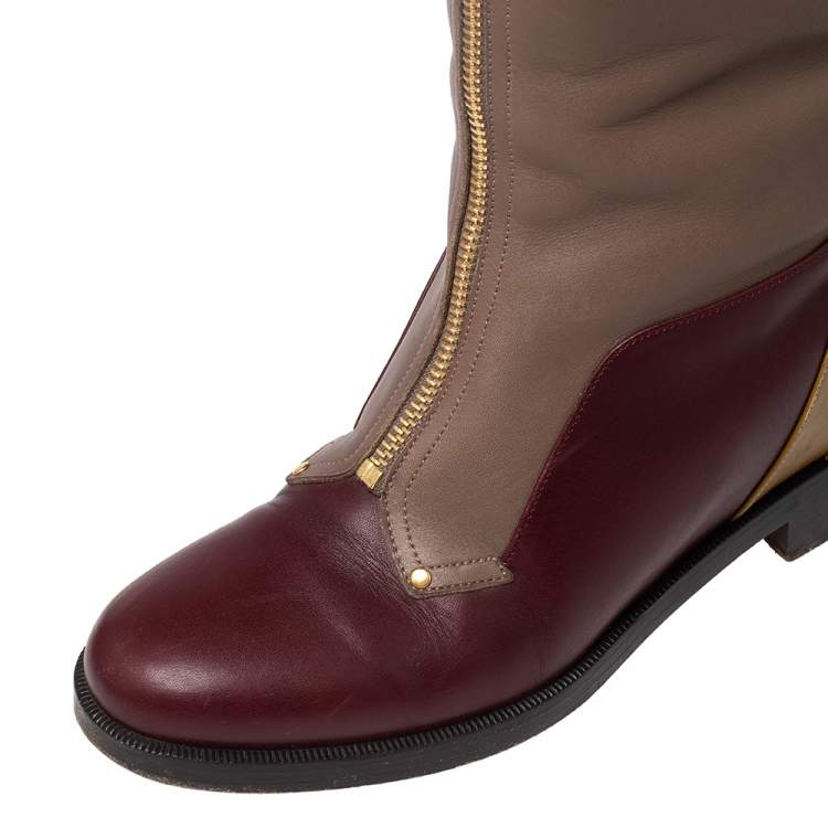 Pre Owned Christian Louboutin Multicolor Leather Front Zip Knee Length Riding Boots Size 36