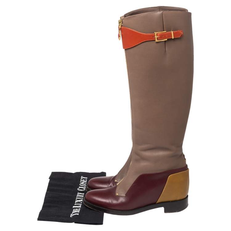 Pre Owned Christian Louboutin Multicolor Leather Front Zip Knee Length Riding Boots Size 36
